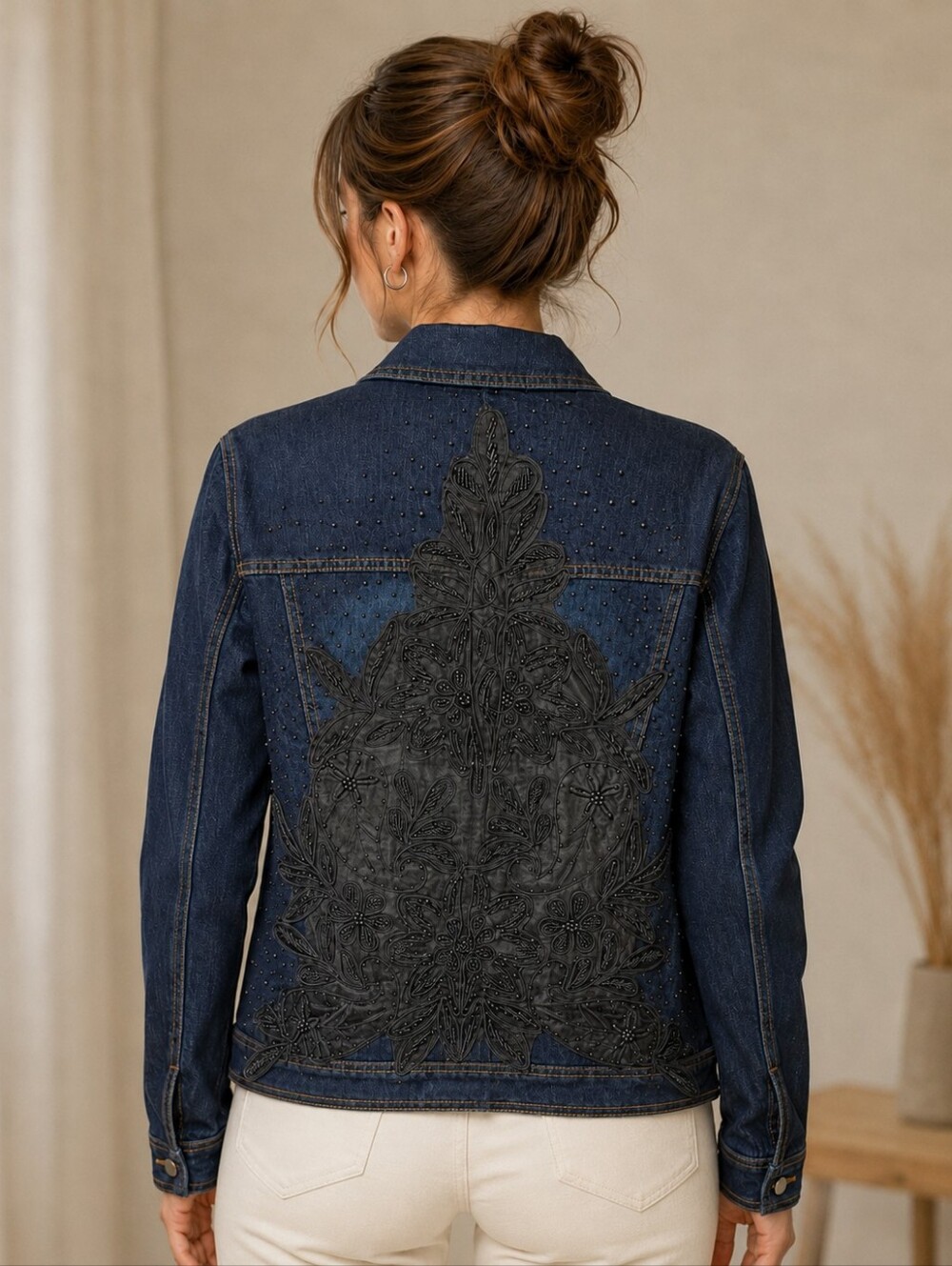 Style Dark Wash Denim Jacket Black Beaded Lace Appliqué Back Size Large